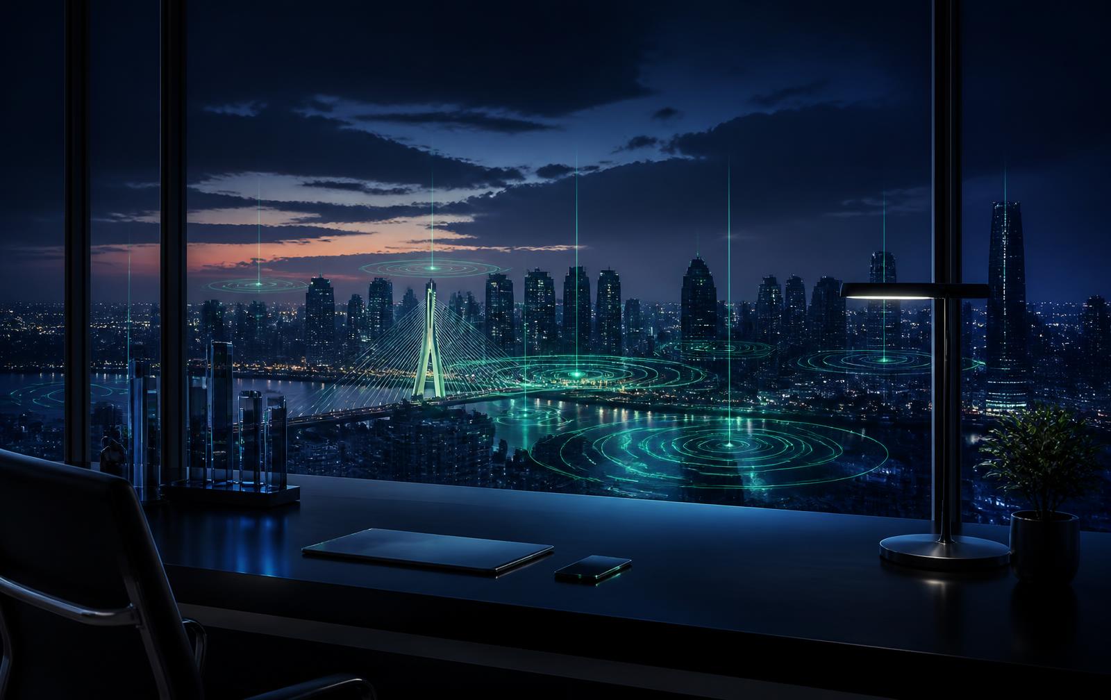 Painel da imovBase monitorando anúncios de imóveis em uma cidade à noite